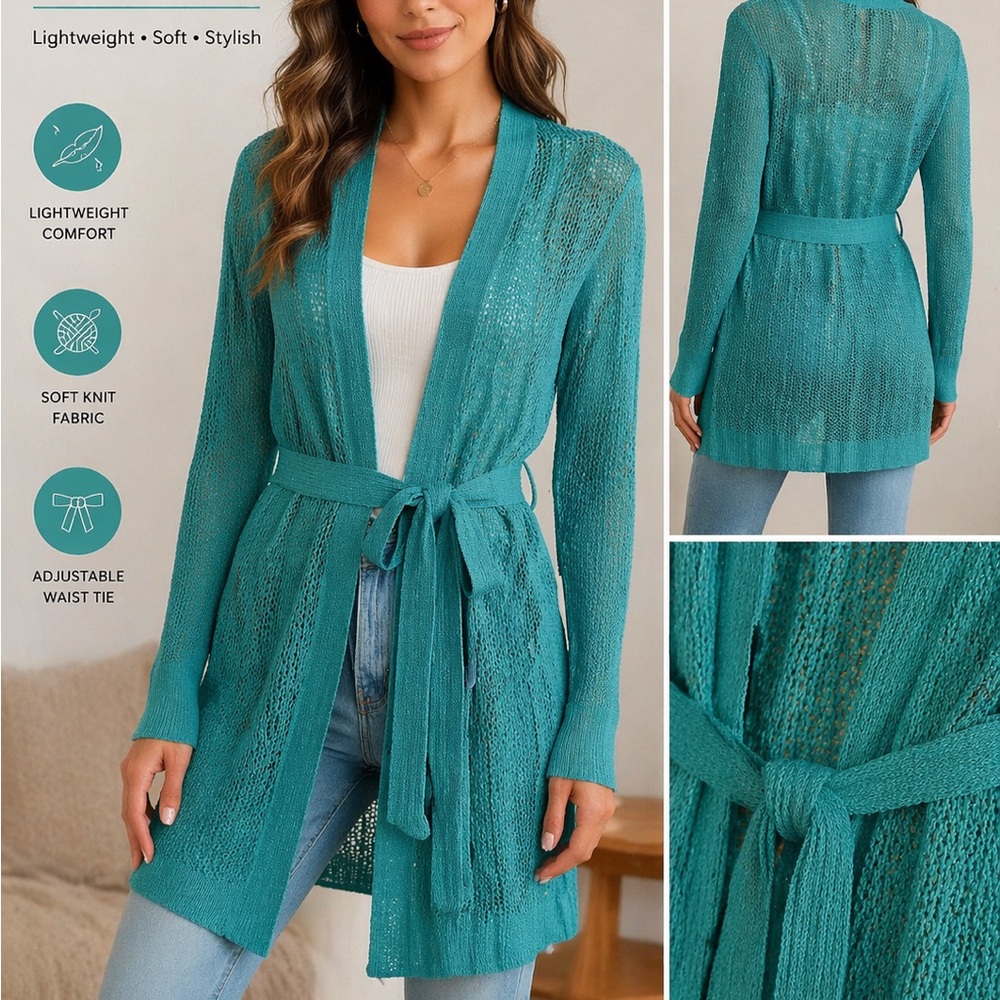 White House Black Market Lightweight Teal Open-Knit Cardigan with Waist Tie